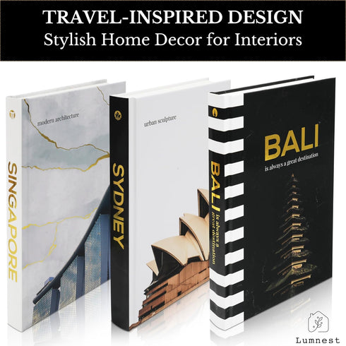 Set 3 Decorative Books for Home Decor - Black and Gold Foiled Decor Books for Coffee Table - Decorative Hardcover