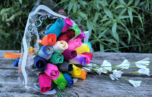 Assorted Colors Wooden Rose Closed Bud Bouquets, 2 Dozen