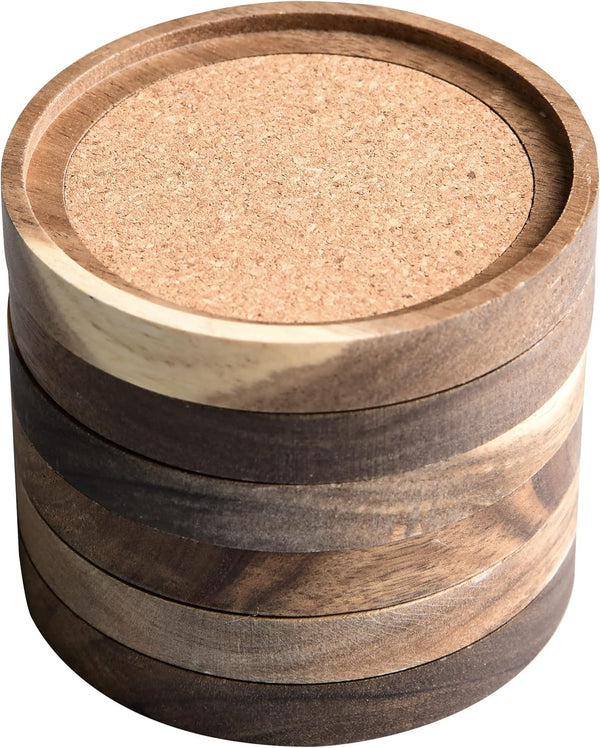 Acacia Wood Coasters for Drinks, 4.13 Inch, Set of 6, Absorbent and