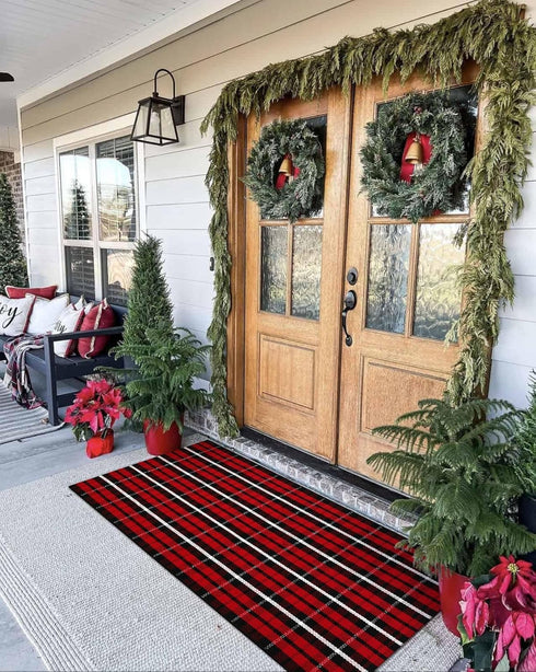 LEEVAN Buffalo Plaid Front Door Mat 24"x 51", Cotton Checkered, Washable, Outdoor Doormat for Kitchen, Bathroom