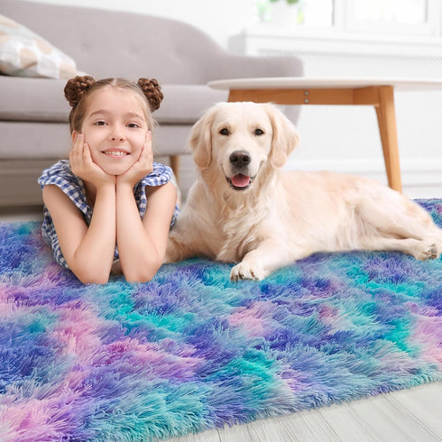 3x10 Purple Rainbow Rug for Girls Bedroom Bedside Runner Ft, Soft Fluffy Rugs for Kids Room Shag Carpet for Living Room
