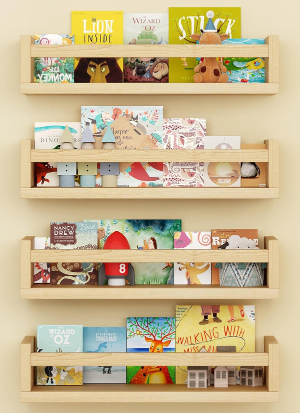 Onlysky Set of 4 Wall-Mounted Kid's Bookshelf - Wood Floating Nursery Book Shelves