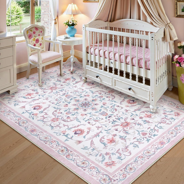 Lahome Pink Floral Rugs for Bedroom Girls 5x7 Soft Washable Non-Slip Living