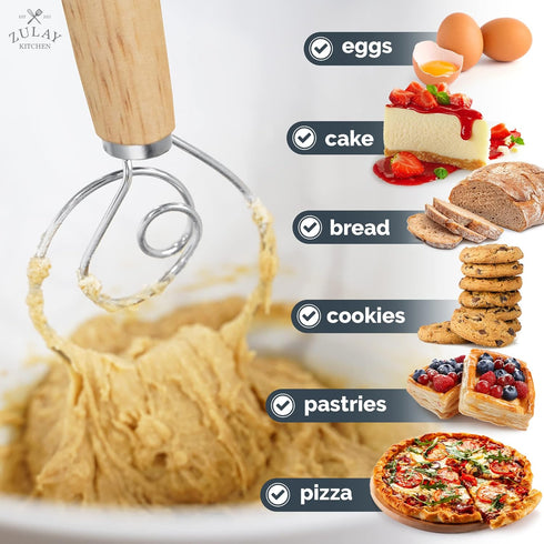 Zulay Kitchen 13-Inch Danish Dough Whisk, Wooden Whisk with Stainless Steel Dough Hook for Sourdough and Pastry