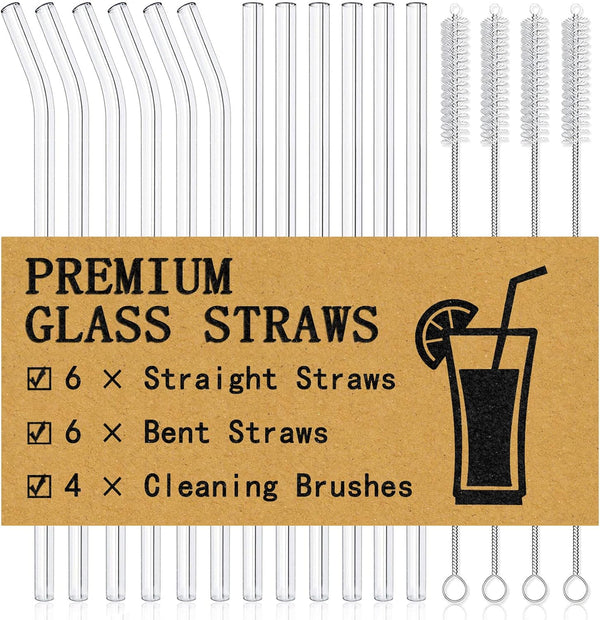Piteno 12Pcs Glass Straws with 4Pcs Brushes, Reusable Clear Glass Drinking Straws, 8.5''x10MM,