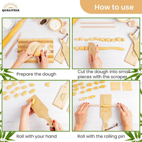 QUALITEIA Set 2x 2x 1x Set 4) Gnocchi Board for Rolling Dough - Paddles, Rollers & Cutter, Bamboo Pasta Shaper Tools