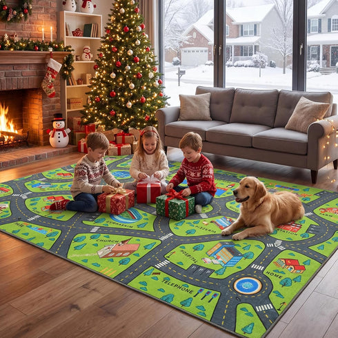 3x5 3-12 Merelax Kids Car Area Rug, Green Grey Area Road Rugs for Living Room Playroom Classroom Bedroom, Non Slip Kids