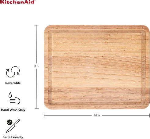 KitchenAid Classic Rubberwood Cutting Board, 8"x10" with Perimeter Trench, Reversible Chopping Board