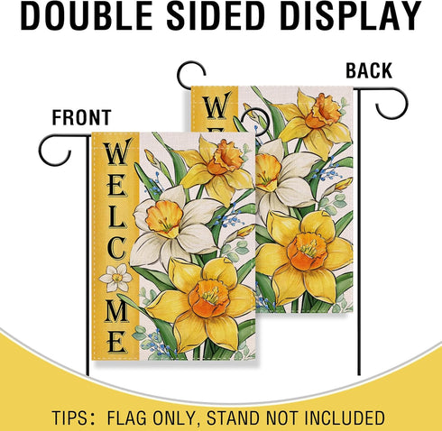 Welcome Spring Summer Floral Flower Garden Flag, Yellow Daffodil Eucalyptus Leaves Yard Decor 12 x 18