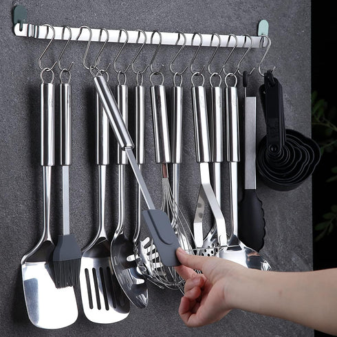 Berglander 38 Pieces Kitchen Utensils Set, Stainless Steel Cooking Utensils with Holder Rack and Hooks for Hanging,