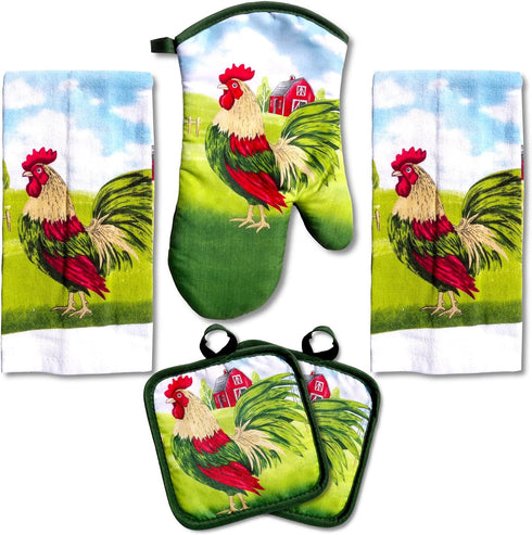 Lobyn Value Packs: 5-Piece Country Kitchen Towel Set - Proud Rooster & Red Barn Motif, 2 Dish Towels, Oven Mitt &