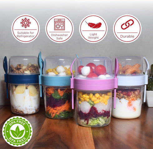 4 Pack 22 oz Set 4 salda Breakfast On the Go Cups, Take and Go Yogurt Cup with Topping Cereal Cup with spoon and fork