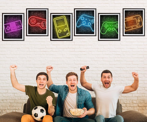Neon Gaming Posters for Boys Room Decor, Gamer Wall Art Set of 6 (8”X 10”) for Bedroom, Game Room
