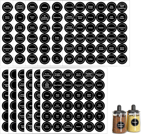 SAVITA 432pcs 3.5cm Waterproof Spice Labels Stickers, Round Preprinted for Spice Jar Organization (Black)