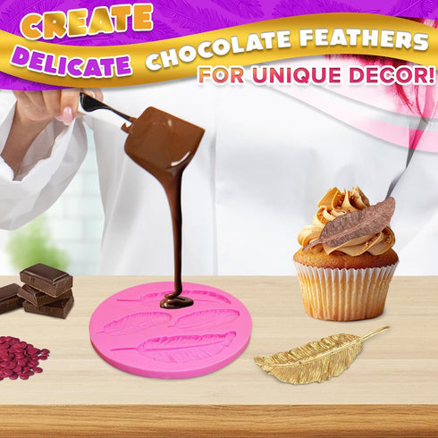 Pink Silicone Feather Candy Molds for Clay Crafting, Fondant, Chocolate & Cake Decorating