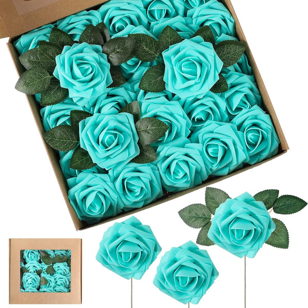 Syhood Artificial Foam Rose Flowers, Vintage Fake Roses DIY Bouquets for Wedding Party Decor (Turquoise, 25 Pieces)