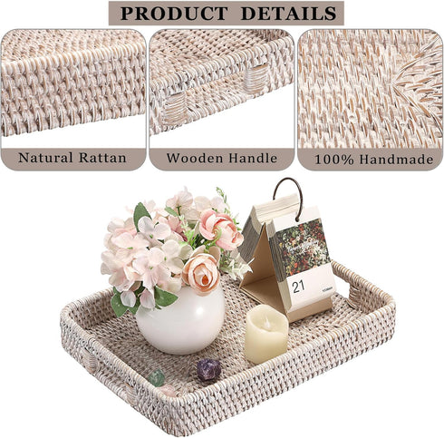 Hipiwe Rattan Serving Tray with Handles Handwoven Basket Tray for Storage Breakfast Dessert Fruit Decorative Tray