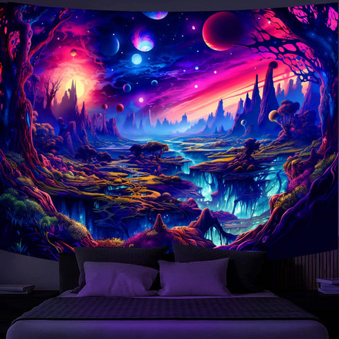 Simpkeely Fantasy Planet Tapestry, Blacklight Forest Natural Landscape Wall Hanging, UV Reactive Sunset Trees for