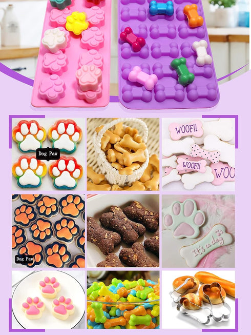 Puppy Dog Paw and Bone Silicone Molds, Non-Stick Food Grade Molds for Baking, Set of 6 Dog Bone Cookie Cutters