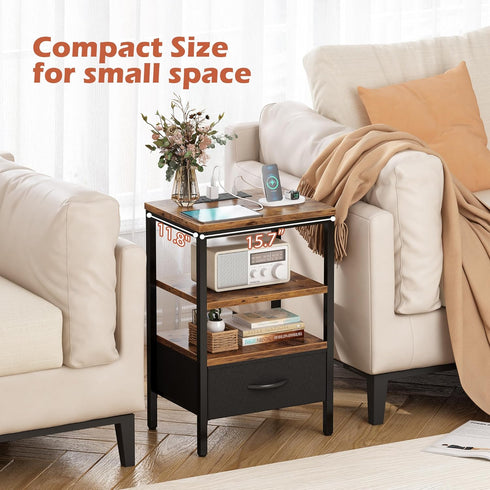 3-Tier SUPERJARE Nightstand with Charging Station, Bed Side Table with Adjustable Fabric Drawer, Night Stand