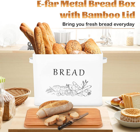 Countertop, 13 7.2 x9.8, E-far Bread Box for Kitchen Metal Bread Storage Container Bin with Bamboo Lid for Cutting