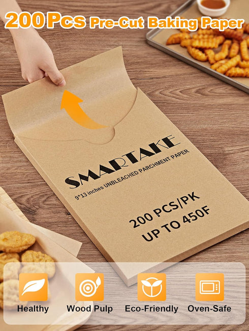 SMARTAKE 200 Pcs Parchment Paper Baking Sheets, 9x13 Inches Non-Stick Precut for Baking Grilling Air Fryer