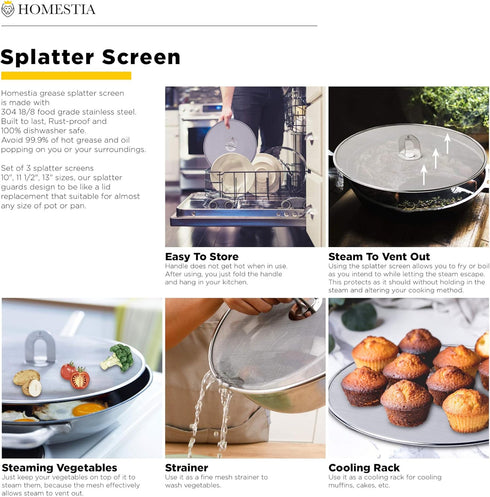 Homestia Grease Splatter Screen for Frying Pan, 10"/11.5"/13" Fine Mesh Cooking Splash Guard (3 pcs)