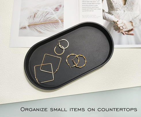 Black Small Oval Tray (10 inch) for Kitchen Counter, Bathroom Vanity Organizer for Coffee Accessories, Serving