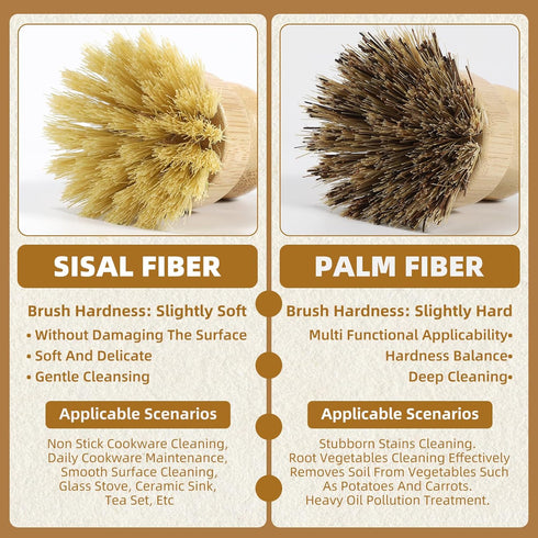 4 Pack Set, Bamboo Dish Brush Natural Palm Dish Scrubber for Pots and Vegetables, Sisal Bristle Bamboo Scrub Brush