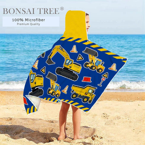 Kids Beach Towel with Hood - Excavators Vehicles Theme for Boys & Girls, Microfiber Soft Bath Poncho Wrap Robe