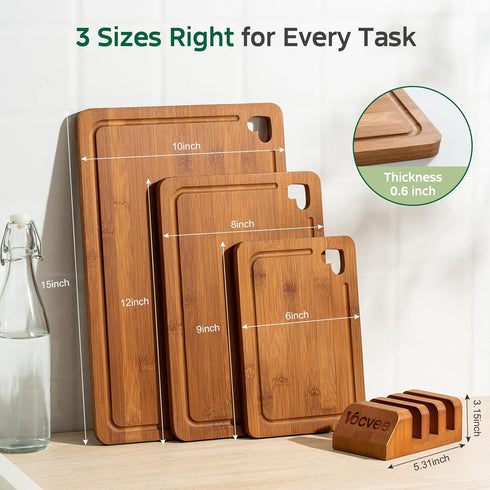 Kitchen(Set 3), Bamboo Cutting Boards for of Wood Cutting Board with Wood Storage Stand, Charcuterie & Chopping Board