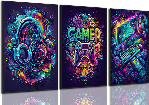 Yolbcdr Gaming Posters - Video Game Wall Art Set of 3, Cool Gaming Sign Pictures for Boys Bedroom Decor
