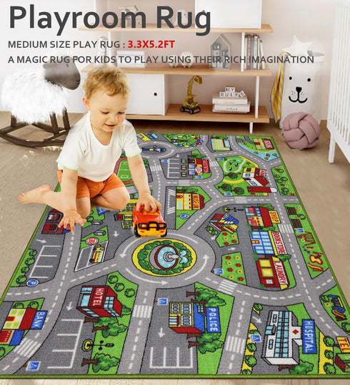 3'3" 5'2" Kids Rug x City Life Playmat Area Rug Car City Map Washable Traffic Road Educational Learning Nursery Rug