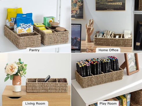 StorageWorks Small Baskets for Organizing, Handwoven Seagrass Baskets with 4 Sections, 2 Pack for Shelves, Pantry,