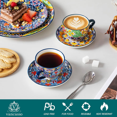 8 oz Set 6, vancasso Cappuccino Cups with Saucers of Bohemian Ceramic Coffee Cup for Latte, Tea, Espresso, Microwave