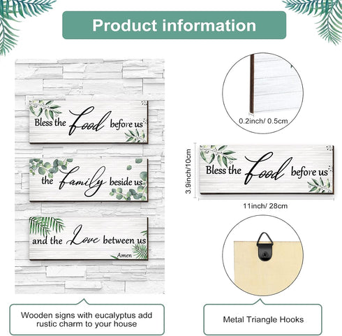 Maitys 3 Pieces Eucalyptus Greenery Wooden Wall Sign, Bless Family Food Love Plaque, Rustic Porch Decor, Green Leaves