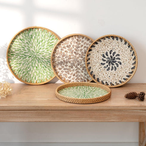 Counter, StorageWorks Decorative Coffee Table Trays for Home Decor, Round Rattan Tray with Mother of Pearl Inlay, Small