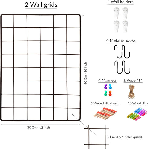 2 Pack Wire Wall Grid Panel - Black Magnetic & Metal Grid for Photos & Pictures Display in Home or Office