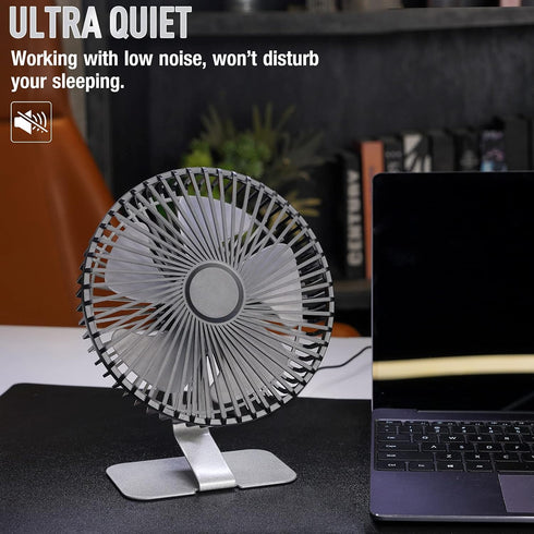 SLENPET 6 inch USB Desk Fan, Adjustable Tilt, 4 Speeds, Ultra-quiet, Portable Metal Base, Silver