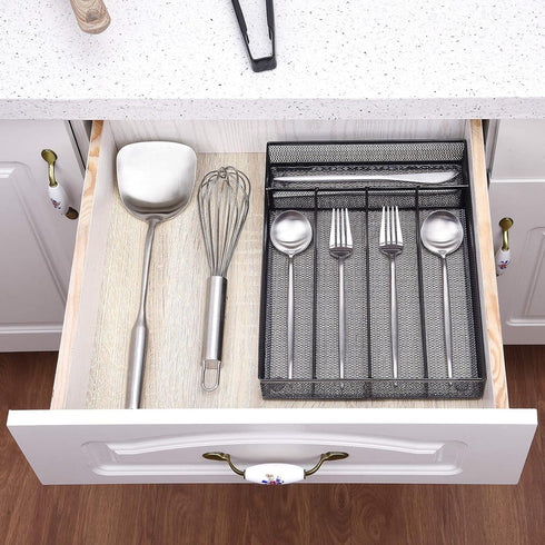 WuGeShop Silverware Drawer Organizer Black, Kitchen Drawer Organizer Metal Mesh Utensil Tray Non-Slip Cutlery Tray, 5 Compartments by WuGeShop