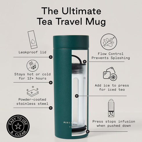 Firebelly Tea, Travel Tea Infuser Mug with Strainer, Insulated Tumbler for Loose Leaf Tea or Coffee, Leakproof Bottle