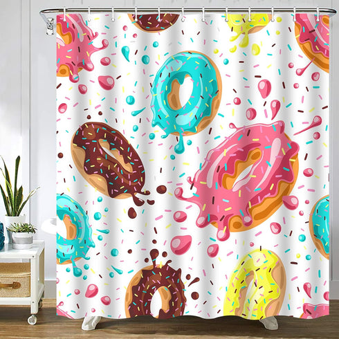 Colorful Donuts Shower Curtain Sets with Hooks, Pink Chocolate Lemon Blue Mint Glaze on White, Waterproof Bathroom Decor