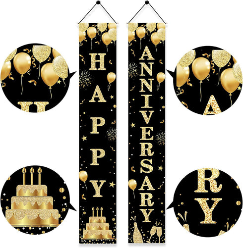 Wedding Anniversary Door Banner, Black Gold Happy Anniversary Sign for Party Decorations, Welcome Porch Outdoor Supplies