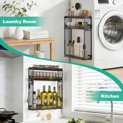 3 9 Hooks-2 Docnest Tier Wall Mounted Spice Rack with Installation Ways (Screw/Adhesive), Space-Saving Metal Spice
