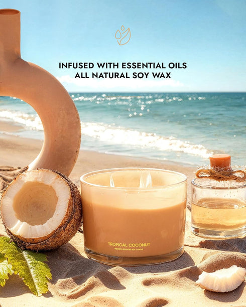96NORTH Luxury Coconut Soy Candle | Large 3 Wick Jar Candle | Up to 50 Hours Burn Time | Tropical Beach Scent
