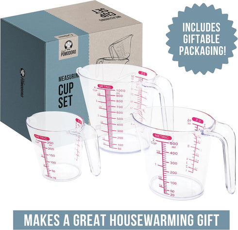 Chef Pomodoro 3-Piece Liquid Measuring Cups Set - Includes 1, 2, and 4 Cup, BPA-Free Plastic, Stackable Nesting