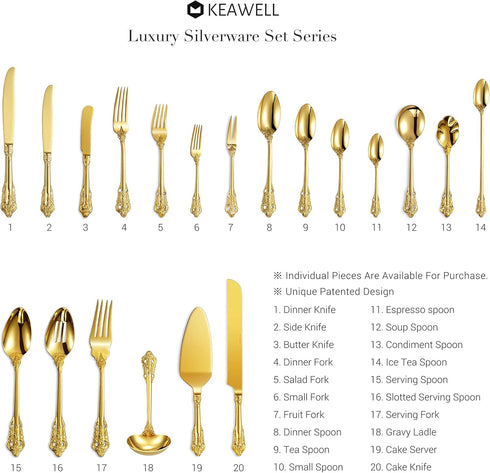 KEAWELL Luxury Dinner Spoon Set of 4, 18/10 Stainless Steel Mirror Polished Tablespoons, 7.8 Inches, Gold