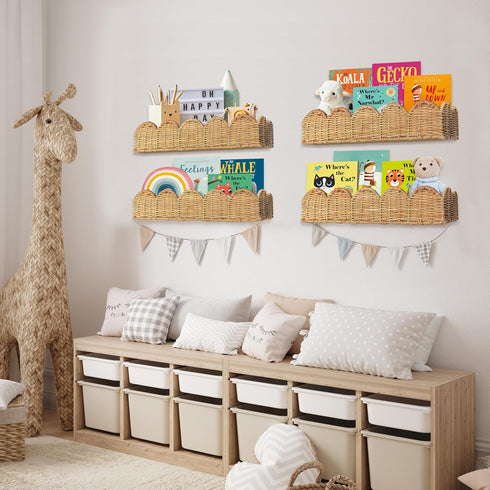 Set 2 15.8" Nursery Book Shelves of - Artisanal Natural Rattan Scalloped Book Shelf for Kids Rooms W, Cute Wicker