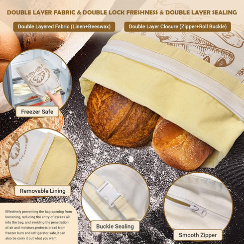 NIKKOUR Bags(2 Pack) Large Linen Beeswax Bread Sourdough Bread Bags Reusable Double-Lock Freezer Baking Container Gift