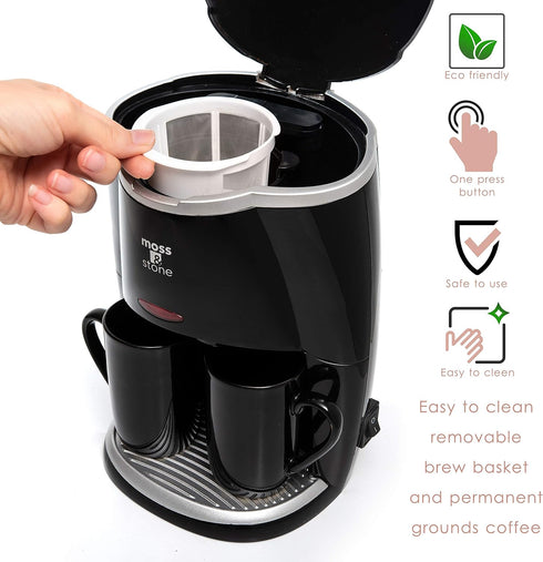 Moss & Stone Mini Drip Coffee Maker with 5 oz Mugs, Small Coffee Pot with 2 Coffee Cups